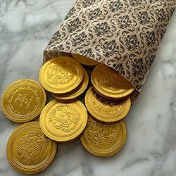 Buy Lion Head Chocolate Coins, Belgian Dark Chocolate in a Damask Bag, 10 Coins at The Surf Haberdashery