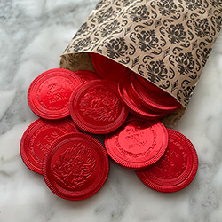 Buy Lion Head Chocolate Coins, Belgian Milk Chocolate in a Damask Bag, 10 Coins at The Surf Haberdashery
